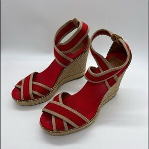TORY BURCH WOMENS RED AND TAN WEDGE ADONIS WEDGE ESPADRILLES SIZE 10B